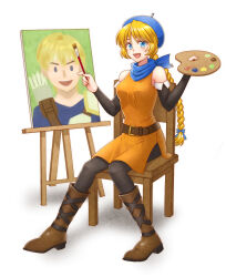 Rule 34 | 1girl, :d, belt, beret, black pantyhose, blonde hair, blue eyes, blue hat, blue scarf, boots, brown belt, brown footwear, canvas (object), chair, commentary request, detached sleeves, dress, febail (fire emblem), fire emblem, fire emblem: genealogy of the holy war, futatsuki (perfect lovers), hands up, hat, highres, holding, holding paintbrush, long braid, long hair, long sleeves, looking at viewer, nintendo, open mouth, orange dress, paintbrush, palette (object), pantyhose, patty (fire emblem), scarf, simple background, sitting, sleeveless, sleeveless dress, smile, solo, very long hair, white background