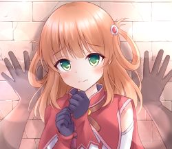 Rule 34 | 1girl, black gloves, blunt bangs, blush, brown gloves, capelet, commentary request, detached sleeves, gloves, green eyes, hair rings, highres, kabedon, long hair, long sleeves, looking at viewer, orange hair, pov, princess connect!, red capelet, rino (princess connect!), shirt, sidelocks, sleeves past wrists, solo focus, wall, white shirt, zeatto