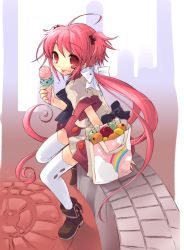 Rule 34 | boots, food, fruit, ice cream, ito noizi, momose hikaru, peace@pieces, pink hair, ponytail, red eyes, red hair, solo, thighhighs, twintails, two side up