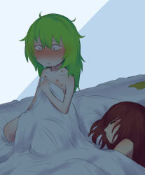 Rule 34 | 2girls, blush, closed eyes, commentary request, constricted pupils, cookie (touhou), daiyousei, diyusi (cookie), flat chest, full body, gaburin, green hair, hickey, highres, long hair, messy hair, multiple girls, nose blush, on bed, onozuka komachi, open mouth, red hair, ruined for marriage, shishou (cookie), sitting, sleeping, touhou, under covers, yuri