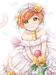 Rule 34 | 1girl, artist name, artist request, back bow, bare shoulders, bow, breasts, cherry blossoms, choker, cleavage, collarbone, dress, earrings, feathers, female focus, flower, gloves, green eyes, hair between eyes, hair flower, hair ornament, highres, holding, holding microphone, hoshizora rin, jewelry, looking at viewer, love live!, love live! school idol festival, love live! school idol project, love wing bell, love wing bell (love live!), microphone, miniskirt, orange flower, orange hair, parted lips, pink bow, pink skirt, plaid, plaid dress, plaid skirt, pleated, pleated dress, pleated skirt, pom pom (clothes), pom pom hair ornament, short dress, short hair, skirt, sleeveless, sleeveless dress, small breasts, smile, solo, strapless, strapless dress, veil, wedding dress, white background, white choker, white dress, white feathers, white gloves, white skirt, white veil, white wrist cuffs, wrist cuffs, yellow eyes, yellow flower