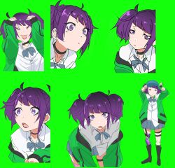 Rule 34 | 1girl, blush, diagonal bangs, expression chart, green background, hat, highres, idolmaster, idolmaster shiny colors, jacket, looking at viewer, multiple views, ogasawara, open mouth, pleated skirt, purple eyes, purple hair, purple lips, school uniform, simple background, skirt, tanaka mamimi, twintails