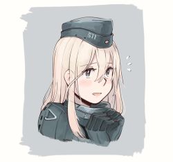 Rule 34 | 1girl, blonde hair, blue eyes, blush, commentary request, flying sweatdrops, garrison cap, hat, kantai collection, long hair, looking at viewer, military, military uniform, open mouth, simple background, smile, solo, two-tone background, u-511 (kancolle), uniform, upper body, weidashming, white background
