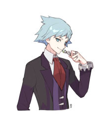 Rule 34 | 1boy, black jacket, closed mouth, collared shirt, commentary request, creatures (company), game freak, grey eyes, grey hair, hand up, holding, jacket, jewelry, korean commentary, long sleeves, male focus, mongguri, necktie, nintendo, pokemon, pokemon oras, red necktie, ring, shirt, short hair, simple background, smile, solo, steven stone, white background, white shirt