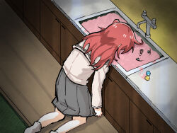 Rule 34 | 1girl, bocchi the rock!, commentary request, counter, cube hair ornament, feet out of frame, gotoh hitori, grey skirt, hair ornament, indoors, kita ikuyo, kitchen, kneeling, long hair, long sleeves, momosu102, objectification, pink liquid, pink water, pleated skirt, red hair, school uniform, shuka high school uniform, sink, skirt, socks, water, white socks