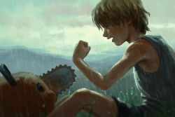 Rule 34 | 1boy, aged down, blonde hair, blurry, blurry background, brown eyes, chainsaw, chainsaw man, clenched hand, cloud, cloudy sky, commentary, denji (chainsaw man), devin elle kurtz, english commentary, from side, grass, highres, looking at another, male focus, open clothes, pochita (chainsaw man), rain, shirt, short hair, shorts, sky, sleeveless, sleeveless shirt, solo, t-shirt, teeth, wet, white shirt