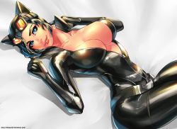 Rule 34 | 1girl, absurdres, animal costume, batman (series), black gloves, black hair, blue eyes, bodysuit, breasts, cat costume, catwoman, cleavage, cropped legs, dc comics, gloves, goggles, highres, large breasts, latex, latex bodysuit, latex gloves, legs together, lips, lying, on back, selina kyle, topsu, zipper, zipper pull tab