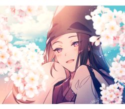 Rule 34 | 1boy, :d, aicedrop, black hair, black hat, blue sky, blurry, blush, branch, day, depth of field, earrings, flower, fujiwara no sai, glint, hands up, hat, hikaru no go, japanese clothes, jewelry, kariginu, letterboxed, long hair, looking afar, male focus, open mouth, petals, portrait, purple eyes, sky, sleeves past fingers, sleeves past wrists, smile, solo, tate eboshi, white flower