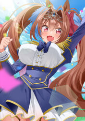 Rule 34 | 1girl, animal ears, antenna hair, arm up, blue bow, blue bowtie, blue gemstone, blue jacket, blue skirt, bouncing breasts, bow, bowtie, breasts, brown hair, buttons, center frills, confetti, daiwa scarlet (umamusume), double-breasted, epaulettes, fang, frilled shirt, frills, gem, grass, hair bow, hair intakes, highres, horse ears, horse girl, jacket, juliet sleeves, large breasts, long hair, long sleeves, open mouth, overskirt, piyopoyo, pleated skirt, puffy sleeves, red bow, red eyes, shirt, skin fang, skirt, solo, tiara, twintails, umamusume, very long hair, white shirt, white skirt