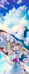 Rule 34 | 1girl, absurdres, apron, back bow, black hat, black shirt, blonde hair, bow, braid, cloud, commentary request, day, hair bow, hands up, hat, hat bow, highres, kirisame marisa, large hat, lens flare, long hair, looking at viewer, open mouth, outdoors, purple bow, shirt, short sleeves, single braid, smile, solo, touhou, white bow, witch hat, yurigaoka nayuki