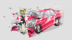 Rule 34 | 1girl, bad id, bad pixiv id, blonde hair, car, crash, embodiment of scarlet devil, female focus, maguro (komagome), motor vehicle, outstretched arms, red eyes, ribbon, rumia, skirt, smile, solo, spread arms, touhou, vehicle, vehicle focus
