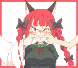Rule 34 | 3girls, animal ears, black bow, border, bow, braid, breasts, cat ears, character request, cheek pinching, commentary, finger in another&#039;s mouth, hair bow, hakurei reimu, inkerton-kun, kaenbyou rin, large breasts, long hair, multiple girls, one eye closed, pinching, pointy ears, red border, red eyes, red hair, sharp teeth, simple background, solo focus, subterranean animism, teeth, touhou, twin braids, v-shaped eyebrows, white background