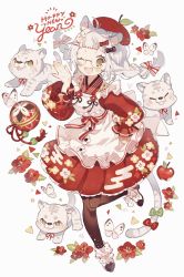 Rule 34 | 1girl, animal ears, apple, bell, black legwear, bow, braid, brown eyes, bug, butterfly, chinese zodiac, floral print, flower, food, food-themed clothes, fruit, full body, glasses, hair bow, hair ornament, hairclip, hand on own hip, happy new year, highres, insect, long sleeves, new year, one eye closed, original, red bow, red flower, red headwear, red skirt, skirt, standing, standing on one leg, striped, striped bow, tail, tail bow, tail ornament, twin braids, uekura eku, white background, white butterfly, year of the tiger