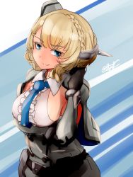 Rule 34 | 1girl, black gloves, blonde hair, blue eyes, blue necktie, braid, breasts, capelet, colorado (kancolle), cowboy shot, dress, elbow gloves, garrison cap, gloves, grey capelet, grey dress, grey hat, hat, headgear, kantai collection, large breasts, looking at viewer, necktie, pleated dress, righgi, shirt, short hair, side braids, signature, sleeveless, smile, solo, white shirt