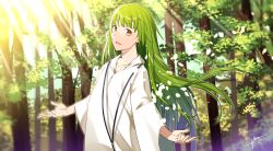 Rule 34 | 1other, :d, androgynous, commentary request, day, enkidu (fate), fate/strange fake, fate (series), green hair, long hair, looking at viewer, open mouth, outstretched arms, robe, sahuyaiya, signature, smile, solo, tree, white robe, yellow eyes