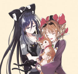 Rule 34 | 2girls, animal, beige background, black cat, black hat, blue bow, blue eyes, blue hair, bow, brown hair, cat, closed eyes, collar, debt, dog, drill hair, earrings, eyewear on head, hair bow, hat, hisona (suaritesumi), holding, holding animal, hood, hood down, hoodie, jacket, jewelry, long hair, multiple girls, necklace, purple jacket, red bow, ring, siblings, simple background, sisters, smile, sunglasses, top hat, touhou, twin drills, very long hair, yorigami jo&#039;on, yorigami shion