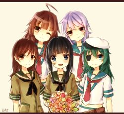 Rule 34 | 10s, 6+girls, ahoge, aqua eyes, bad id, bad pixiv id, bandage on face, bandages, black hair, blue eyes, blunt bangs, bouquet, braid, brown hair, crying, crying with eyes open, dated, eyepatch, flower, green hair, group picture, happy, hat, highres, kantai collection, kiso (kancolle), kitakami (kancolle), kuma (kancolle), letterboxed, long hair, looking at viewer, midriff, moru (mzk17652), multiple girls, neckerchief, one eye closed, ooi (kancolle), purple eyes, red eyes, sailor collar, sailor hat, school uniform, serafuku, short hair, single braid, smile, tama (kancolle), tears