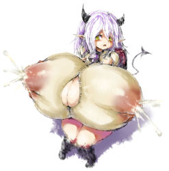 Rule 34 | 1girl, 2b-ge, backpack, bag, breasts, bursting breasts, cleavage, cleavage cutout, clothing cutout, demon girl, gigantic breasts, highres, horns, large areolae, milk, nipple slip, nipples, pointy ears, school uniform, see-through, sitting, solo, tagme, tail, wet, wet clothes, white hair, yellow eyes