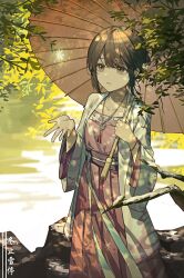 Rule 34 | 1girl, absurdres, brown eyes, brown hair, brown umbrella, collarbone, day, hair between eyes, highres, holding, holding umbrella, long sleeves, oil-paper umbrella, open clothes, original, outdoors, parted lips, solo, stkme, umbrella, water, wide sleeves