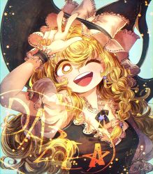 Rule 34 | 1girl, bad id, bad pixiv id, black headwear, blonde hair, bright pupils, dated, earrings, english text, eyelashes, hair between eyes, hat, highres, jewelry, kirisame marisa, long hair, looking at viewer, nail polish, one eye closed, open mouth, puffy short sleeves, puffy sleeves, round teeth, short sleeves, smile, star (symbol), star earrings, teeth, touhou, v, witch hat, yellow eyes, yellow nails, yukkyon kyon