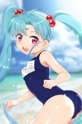 Rule 34 | 1girl, aikousha (ico-sha), ass, beach, blue hair, blue one-piece swimsuit, breasts, cloud, facial mark, forehead mark, from behind, hair bobbles, hair ornament, highres, leaning forward, long hair, looking back, masaki sasami jurai, one-piece swimsuit, open mouth, outdoors, red eyes, school swimsuit, sky, small breasts, smile, solo, swimsuit, tenchi muyou!, thighs, twintails, very long hair