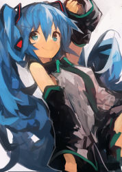 Rule 34 | 1girl, absurdres, arm up, black skirt, blouse, blue eyes, blue hair, collared shirt, commentary, cowboy shot, detached sleeves, dutch angle, grey shirt, hair between eyes, hair ornament, hatsune miku, headphones, highres, kaamin (mariarose753), long hair, looking to the side, necktie, neon trim, pleated skirt, shirt, skirt, sleeveless, sleeveless shirt, smile, solo, twintails, very long hair, vocaloid