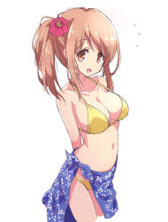 Rule 34 | 1girl, aikawa chiho, bikini, breasts, brown eyes, brown hair, collarbone, commentary request, flower, hair flower, hair ornament, halterneck, highres, large breasts, looking at viewer, mel (melty pot), navel, open mouth, ponytail, short hair, simple background, smile, solo, string bikini, swimsuit, white background, yellow bikini, yuyushiki
