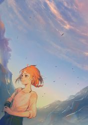 Rule 34 | 1girl, aoharuto, artist name, blue eyes, blush, braid, dated, day, decadence (anime), highres, natsume (decadence), orange hair, outdoors, prosthesis, prosthetic arm, shirt, short hair, smile, solo, standing, white shirt, wind
