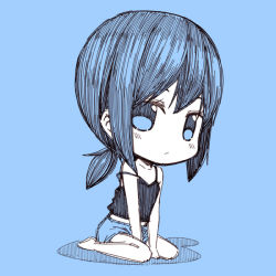 Rule 34 | 10s, 1girl, alternate costume, bare shoulders, barefoot, blue background, blue theme, camisole, chibi, commentary request, fubuki (kancolle), kantai collection, kouji (campus life), looking at viewer, low ponytail, monochrome, off shoulder, ponytail, short hair, short ponytail, shorts, sitting, sketch, solo, spaghetti strap, strap slip, wariza