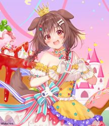 Rule 34 | 1girl, :d, animal ears, bone hair ornament, braid, brown hair, cake, castle, choker, commentary, cowboy shot, cream, crown, detached sleeves, dog ears, dog tail, dress, fangs, food, frilled choker, frilled dress, frilled gloves, frills, fruit, fukahire (ruinon), gloves, gold trim, hair ornament, heart, heart hair ornament, heart hands, highres, hololive, inugami korone, inugami korone (saikyo tensai wonderful world of korone), official alternate costume, open mouth, red eyes, ribbon, smile, star (symbol), star hair ornament, strapless, strapless dress, strawberry, striped ribbon, tail, teeth, twin braids, twitter username, upper teeth only, virtual youtuber, white gloves, yellow dress