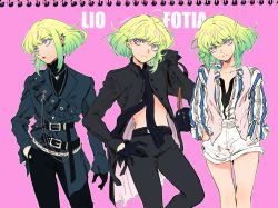 Rule 34 | 1boy, androgynous, bae (baebae), bag, character name, earrings, fashion, gloves, green hair, half gloves, handbag, highres, jacket, jewelry, lio fotia, male focus, necklace, pink background, promare, shorts, simple background, solo
