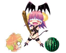 Rule 34 | 00s, :d, blindfold, blush, blush stickers, bracelet, bridal gauntlets, crop top, cross, demon girl, demon horns, demon tail, demon wings, earrings, elbow gloves, elyse (ore tama), fangs, food, fruit, gloves, gradient hair, head wings, holding, holding weapon, horns, jewelry, legs apart, multicolored hair, open mouth, ore tama, purple footwear, revealing clothes, rosary, satou kouta (ore tama), shiny skin, shoes, sideways mouth, simple background, smile, spiked hair, standing, suikawari, tail, takahi ro, tearing up, tears, teeth, thong, tongue, watermelon, weapon, white background, wings