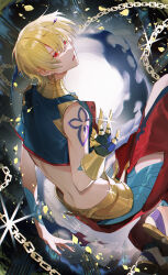 Rule 34 | 1boy, absurdres, asymmetrical gloves, blonde hair, butt crack, chain, earrings, fate/grand order, fate (series), gauntlets, gilgamesh, gilgamesh (caster) (fate), gilgamesh (fate), gloves, hair between eyes, hair ornament, highres, jewelry, k7 (kk7 000), looking at viewer, male focus, open mouth, red eyes, short hair, sleeveless