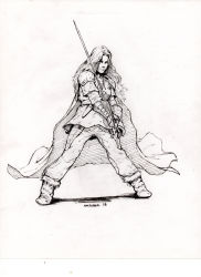 Rule 34 | 1girl, absurdres, armor, boots, cape, closed mouth, commentary, earrings, english commentary, gambeson, gauntlets, greyscale, highres, holding, holding sword, holding weapon, ink (medium), inktober, jewelry, legs apart, long hair, looking at viewer, manuel castanon, monochrome, original, pants, pauldrons, sash, scan, sheath, shoulder armor, simple background, smile, solo, standing, sword, traditional media, two-handed, weapon, white background