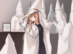 Rule 34 | 1girl, bad id, bad pixiv id, brown hair, closed mouth, finger to mouth, girls&#039; frontline, green eyes, grey background, ku klux klan, long hair, long sleeves, looking at viewer, robe, ryuu9610, shushing, smile, solo focus, springfield (girls&#039; frontline), white robe