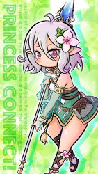 Rule 34 | 1girl, antenna hair, copyright name, dress, elf, flower, gladiator sandals, gotthi, green background, green dress, green sleeves, grey hair, hair between eyes, hair flower, hair ornament, highres, kokkoro (princess connect!), pointy ears, polearm, princess connect!, princess form (princess connect!), sandals, see-through, see-through sleeves, solo, weapon, white flower