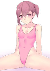 Rule 34 | 1girl, breasts, brown eyes, brown hair, collarbone, covered navel, hai (h81908190), highleg, highleg swimsuit, looking at viewer, one-piece swimsuit, original, pink one-piece swimsuit, short hair, side ponytail, simple background, sitting, small breasts, smile, solo, spread legs, swimsuit, white background