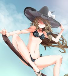 Rule 34 | 1girl, ;), bare shoulders, bikini, black bikini, black ribbon, blonde hair, blue sky, blush, braid, breasts, broom, broom riding, cleavage, cloud, cloudy sky, commentary request, day, flip-flops, floating, floating hair, hair ribbon, hat, hat ribbon, kirisame marisa, long hair, looking at viewer, medium breasts, midriff, navel, one eye closed, outdoors, ribbon, sandals, side-tie bikini bottom, single braid, sky, smile, solo, star (symbol), star print, sunnysideup, swimsuit, touhou, very long hair, white ribbon, witch, witch hat, yellow eyes