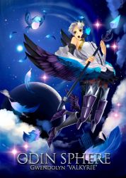 Rule 34 | 1girl, armor, armored dress, bad id, bad pixiv id, bird, character name, cloud, copyright name, crown, feathers, gwendolyn (odin sphere), moon, night, odin sphere, polearm, pteruges, sabatons, siro (asteblanc), solo, spear, star (symbol), weapon, white hair, wings