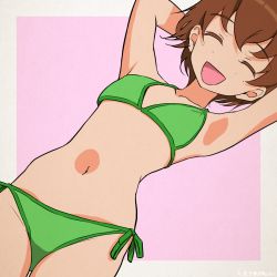 Rule 34 | 10s, 1girl, :d, akagi (fmttps), arms behind head, arms up, bikini, brown hair, closed eyes, commentary request, freckles, girls und panzer, green bikini, navel, open mouth, outside border, purple background, short hair, side-tie bikini bottom, smile, solo, swimsuit, tsuchiya (girls und panzer), twitter username