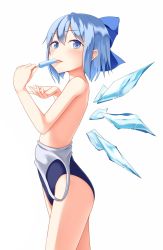 Rule 34 | 1girl, blue eyes, blue hair, blush, cirno, clothes pull, food, hair ornament, hair ribbon, ice, ice wings, looking at viewer, matching hair/eyes, one-piece swimsuit, one-piece swimsuit pull, popsicle, pspmaru, ribbon, short hair, simple background, smile, solo, swimsuit, tongue, topless, touhou, white background, wings