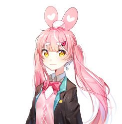 Rule 34 | 1girl, :3, animal ears, argyle, argyle clothes, argyle sweater vest, bad id, bad pixiv id, blazer, blunt bangs, blush, bow, bowtie, brown jacket, collared shirt, fake animal ears, hair ornament, hairclip, heart, heart hair ornament, jacket, long hair, looking at viewer, moong gya, original, pink bow, pink hair, pink shirt, rabbit ears, school uniform, shirt, short eyebrows, signature, simple background, solo, sparkle, sweater vest, twintails, uniform, upper body, white background, yellow eyes