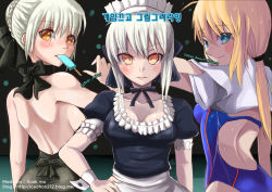 Rule 34 | 3girls, artoria pendragon (all), artoria pendragon (alter swimsuit rider) (fate), artoria pendragon (alter swimsuit rider) (first ascension) (fate), artoria pendragon (fate), ass, black one-piece swimsuit, blonde hair, blush, breasts, brown eyes, character request, cleavage, closed mouth, fate (series), green eyes, highres, long hair, looking at viewer, looking back, medium breasts, multiple girls, official alternate costume, one-piece swimsuit, parted lips, saber (fate), saber (summer battle clothes) (fate), saber alter, short hair, sideboob, smile, sookmo, swimsuit, white hair