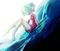 Rule 34 | 13 31n, 1other, afloat, androgynous, aqua eyes, aqua hair, barefoot, crystal hair, dot mouth, expressionless, floating hair, from side, full body, gem uniform (houseki no kuni), glint, gradient hair, green hair, highres, houseki no kuni, knees up, looking at viewer, looking to the side, multicolored hair, necktie, parted bangs, phosphophyllite, puffy short sleeves, puffy sleeves, red shirt, red shorts, shirt, short hair, short shorts, short sleeves, shorts, water, white background