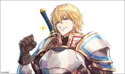 Rule 34 | 1boy, armor, artist name, black border, blonde hair, blue eyes, border, brown gloves, clenched hand, commentary, ex albio, gloves, grin, hair between eyes, hand up, k-suwabe, looking at viewer, male focus, nijisanji, shoulder armor, smile, solo, sparkle, sword, sword hilt, upper body, virtual youtuber, weapon, white background