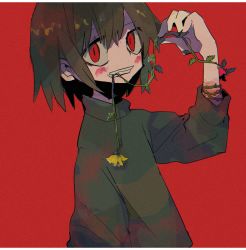 Rule 34 | 1other, bad id, bad pixiv id, blush, brown hair, chara (undertale), clenched teeth, flower, green sweater, holding, long hair, long sleeves, mouth hold, plant, red background, red eyes, simple background, solo, soumenhiyamugi, spikes, striped clothes, striped sweater, sweater, teeth, undertale, upper body, vines, yellow flower