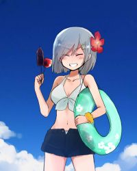 Rule 34 | 10s, 1girl, annin musou, bad id, bad twitter id, blue sky, breasts, candy apple, closed eyes, cloud, commentary request, day, flower, food, front-tie top, grey hair, grin, hair flower, hair ornament, hairclip, hamakaze (kancolle), highres, holding, holding food, innertube, kantai collection, large breasts, midriff, navel, scrunchie, shirt, short hair, shorts, sketch, skewer, sky, smile, solo, squid, swim ring, tied shirt, wrist scrunchie