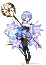 Rule 34 | 1girl, bad id, bad pixiv id, black thighhighs, blue hair, blue skirt, corset, emia (castilla), expressionless, flower, flower knight girl, full body, gloves, holding, holding staff, ipheion (flower knight girl), looking at viewer, name connection, object namesake, official art, purple eyes, shoes, short hair, skirt, solo, staff, thighhighs, white background, white gloves