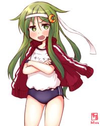 Rule 34 | 1girl, alternate costume, artist logo, black buruma, buruma, commentary request, contrapposto, crescent, crescent hair ornament, crossed arms, dated, green eyes, green hair, gym uniform, hair ornament, hairband, highres, jacket, jacket on shoulders, kanon (kurogane knights), kantai collection, long hair, looking at viewer, nagatsuki (kancolle), name tag, open mouth, red jacket, shirt, simple background, solo, t-shirt, track jacket, white background, white hairband, white shirt