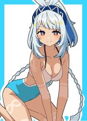 1girl bare_arms bare_legs bare_shoulders blue_border blue_headband blue_one-piece_swimsuit body_markings border braid breasts cleavage collarbone dark-skinned_female dark_skin genshin_impact grey_hair halterneck headband highres kousuke0912 leaning_forward light_blush long_hair looking_at_viewer mualani_(genshin_impact) multicolored_clothes multicolored_swimsuit one-piece_swimsuit red_eyes simple_background small_breasts smile solo swimsuit twin_braids very_long_hair white_background white_one-piece_swimsuit